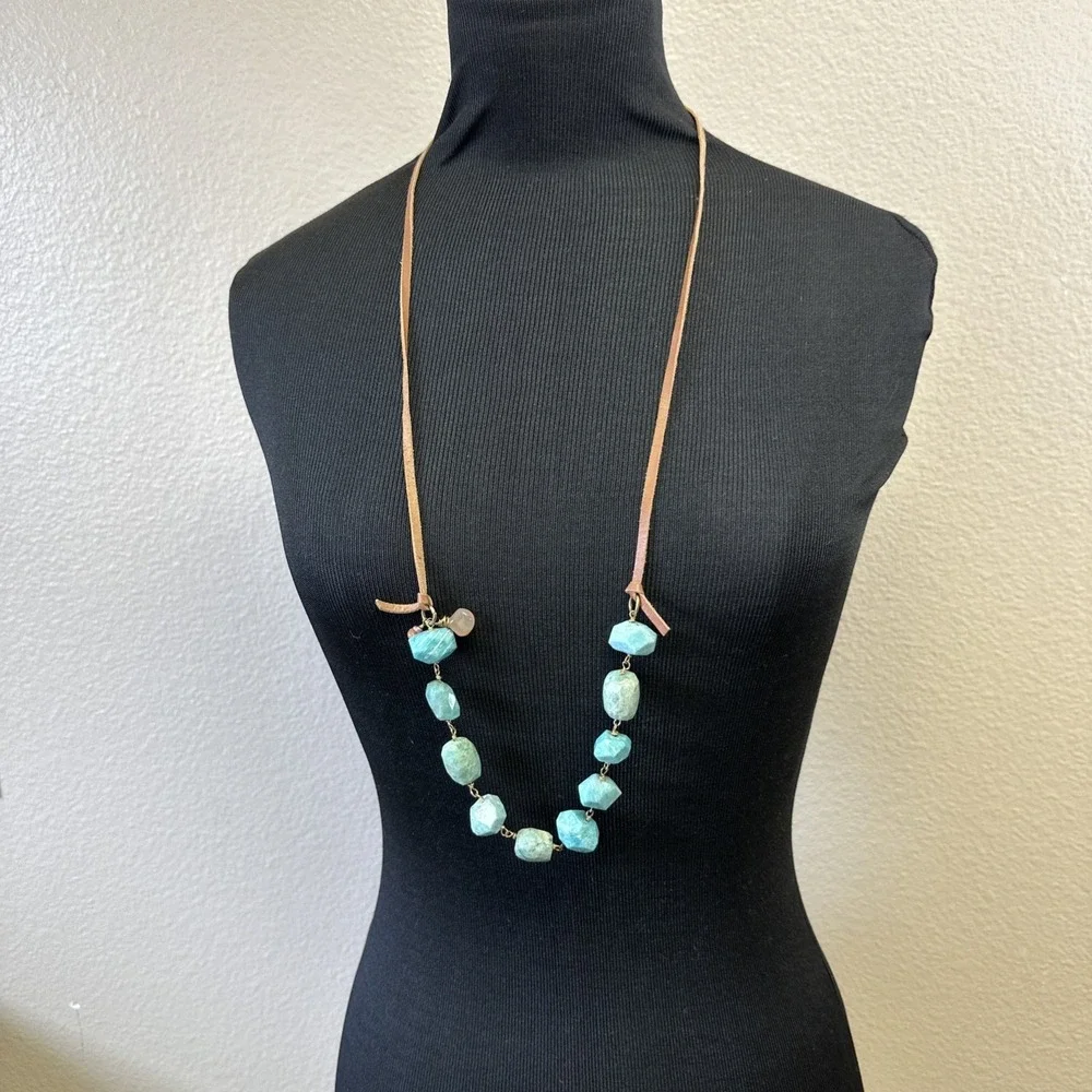 Large Chunky Faceted‎ Amazonite Polished Bead Statement Necklace Adjustable EUC